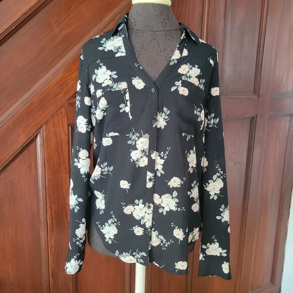 Floral Button-Down Shirt By Express - Black Green Floral Print Long Roll Tab Sle - Picture 1 of 6